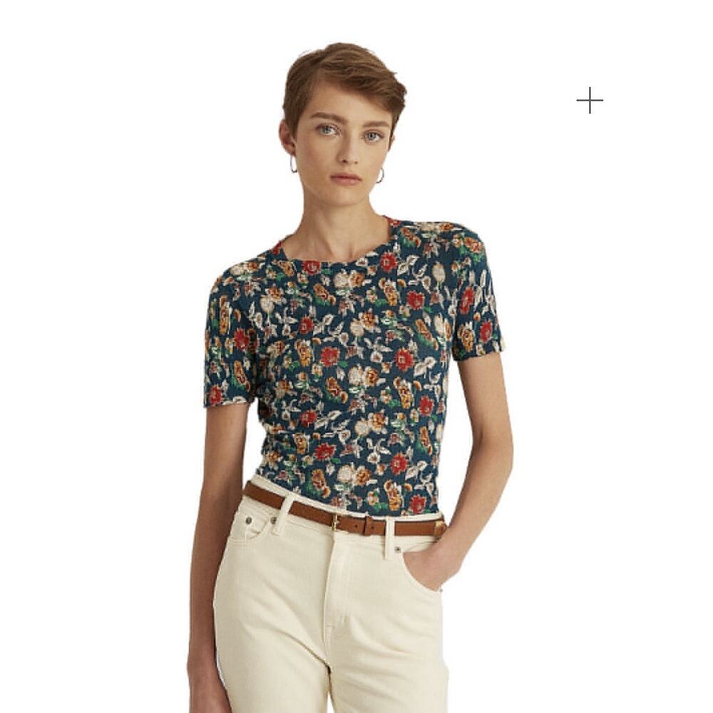 Lauren Ralph Lauren Blue Floral Linen Shirt Short Sleeve Womens Size XL Relaxed